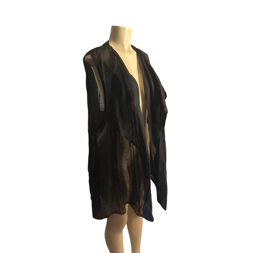 Women 0 Eskandar Black 100% Linen Shrug Cardigan Layering Sleeveless Poland